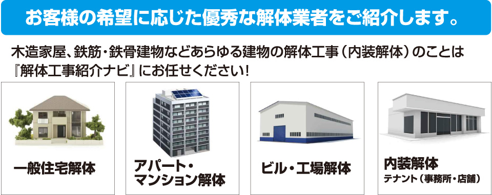 お客様の希望に応じた優秀な解体業者をご紹介します。